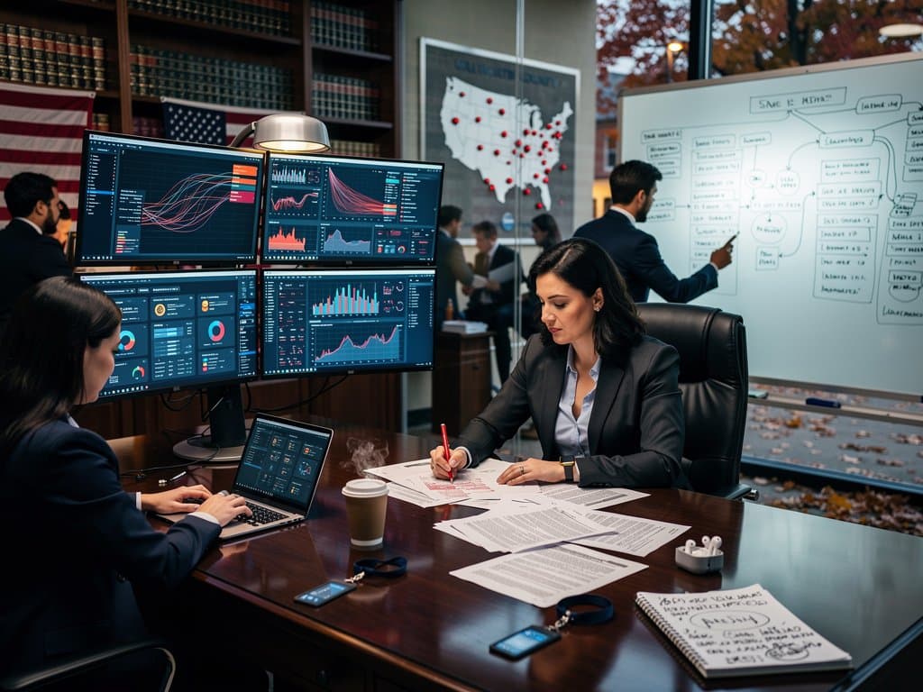 Walworth County DA reviews blockchain fraud graphs in local office with victim files and small-town view