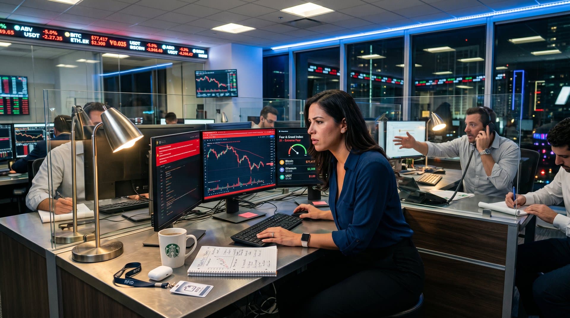 Trader monitors crypto fear index and prices on screens in modern office amid market volatility.