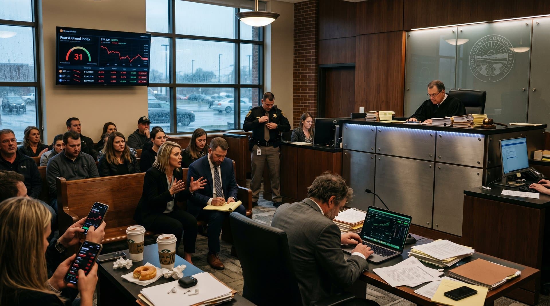 Licking County courtroom scene from cryptocurrency scheme plea deal with Bitcoin price drop and fearful market ticker