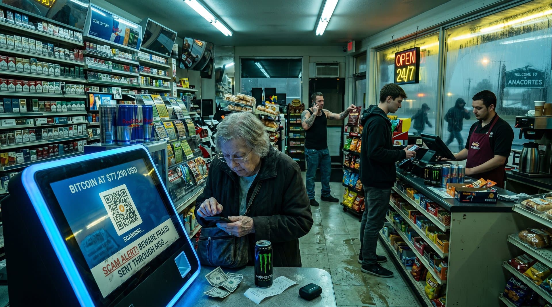 Cryptocurrency kiosk in small-town convenience store amid scam fears and Bitcoin price dip