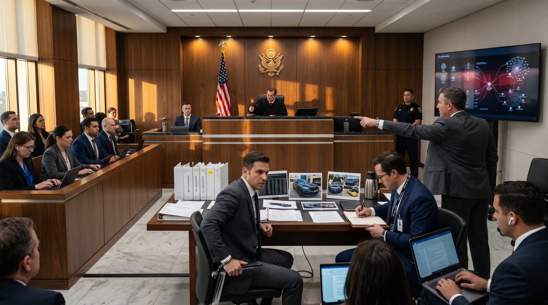 Federal courtroom during crypto laundering sentencing with judge, defendant, evidence of tainted funds on screens