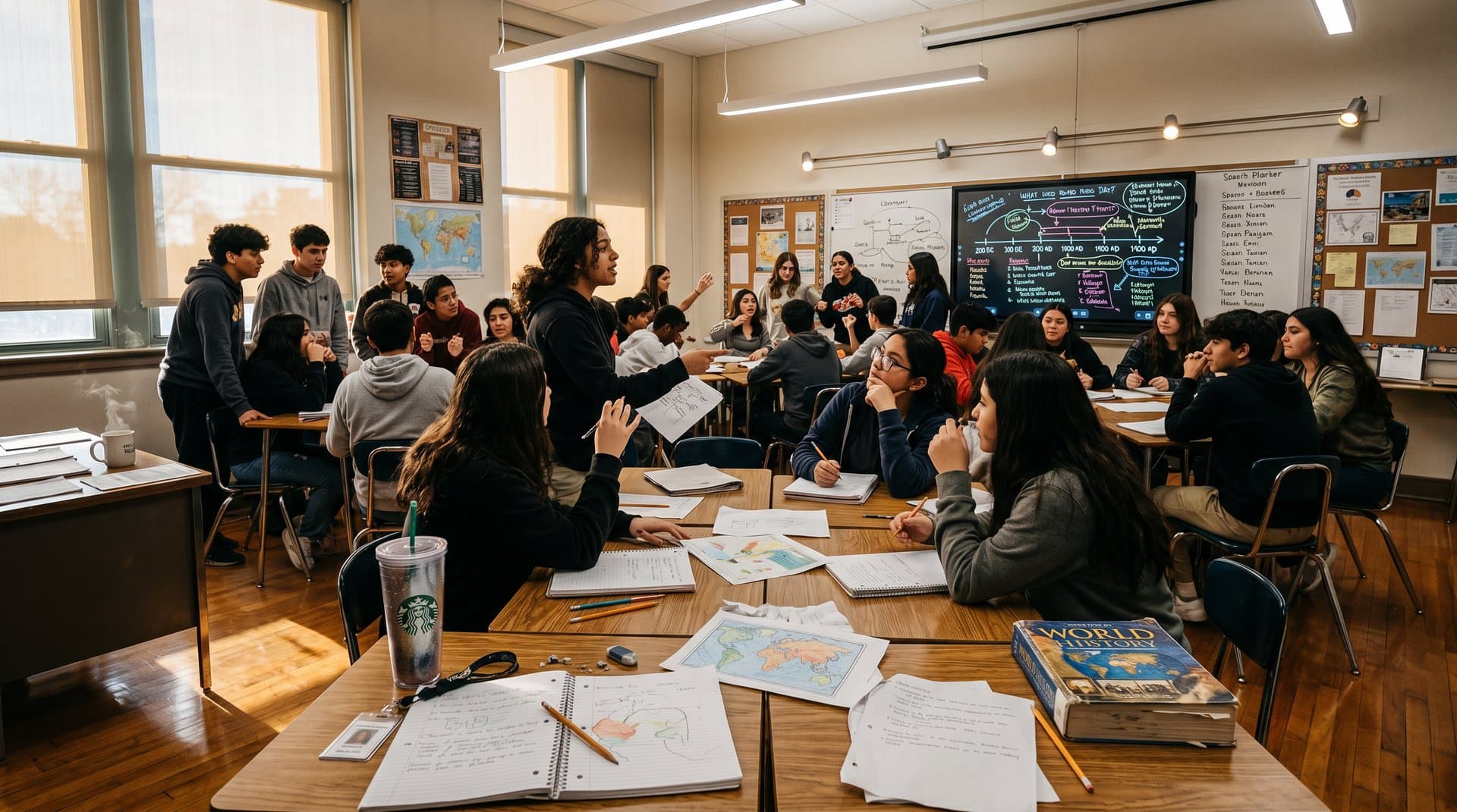 Texas classroom scene with notebooks, maps, and chalkboard during debate, no screens visible