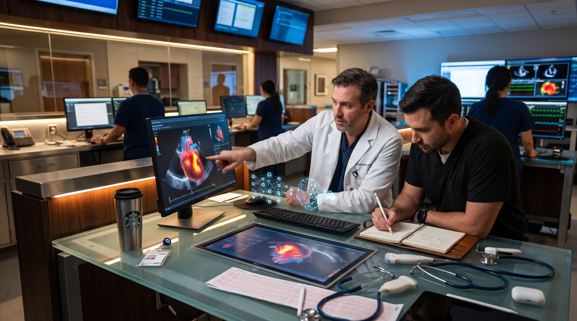 AI-enhanced heart scan on lab monitor amid cardiology tools and tech displays