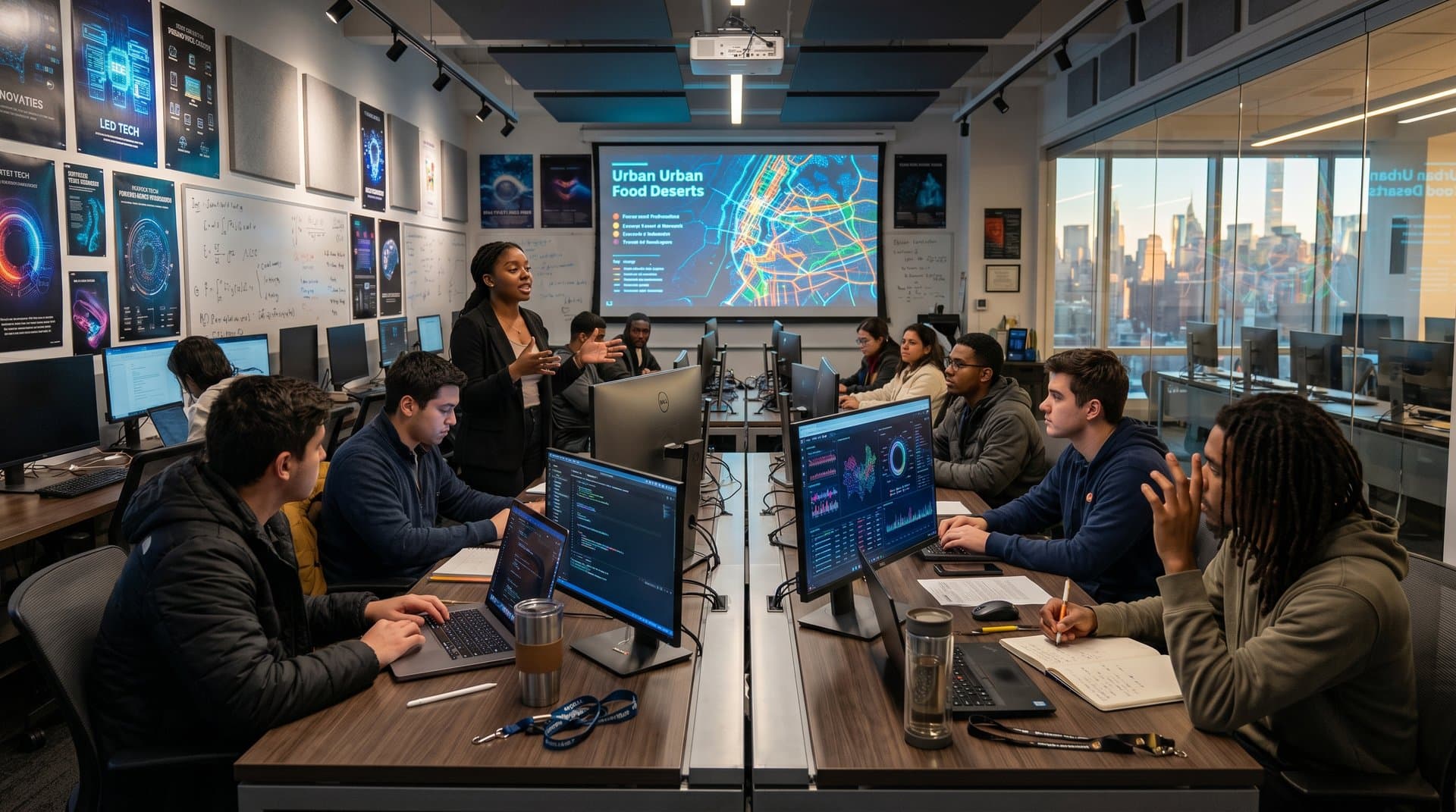 BMCC students collaborating in computer lab pitching AI projects with Manhattan skyline view