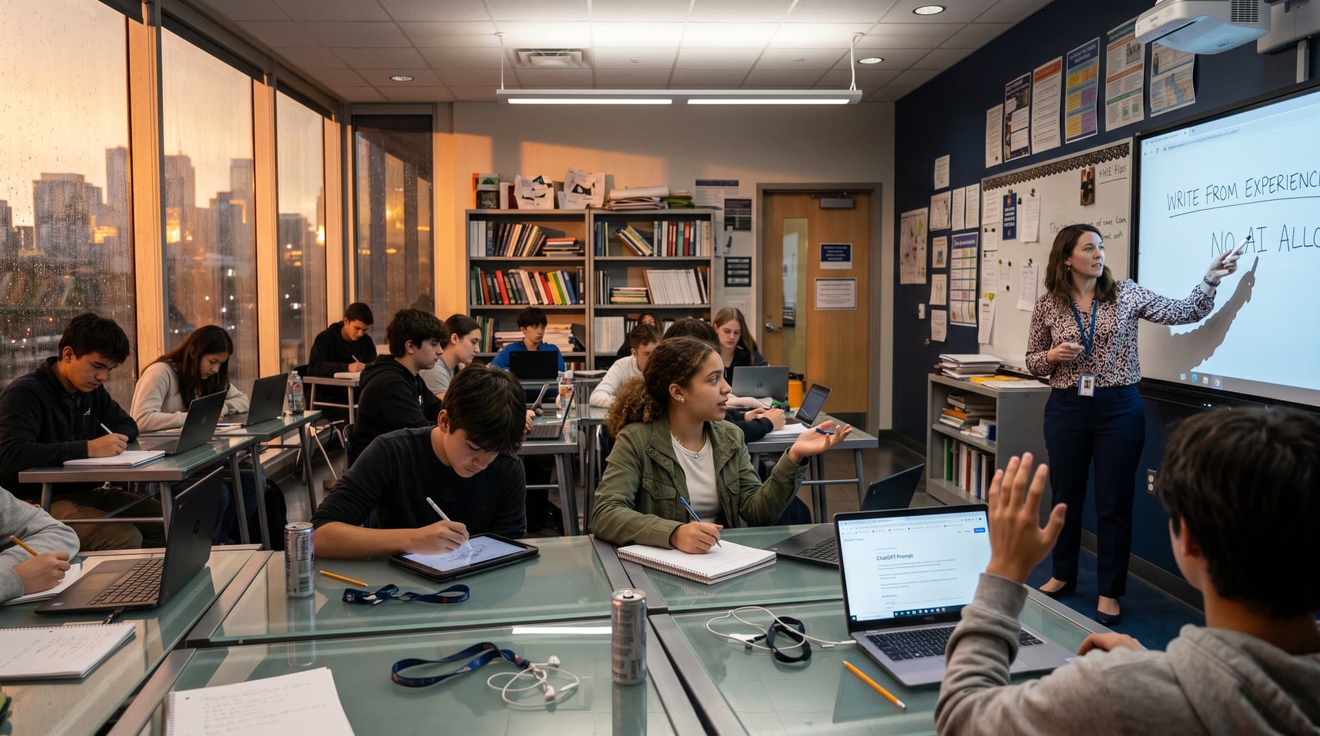 Teacher confronts AI-disrupted classroom with glowing screens and empty desks under tense lighting