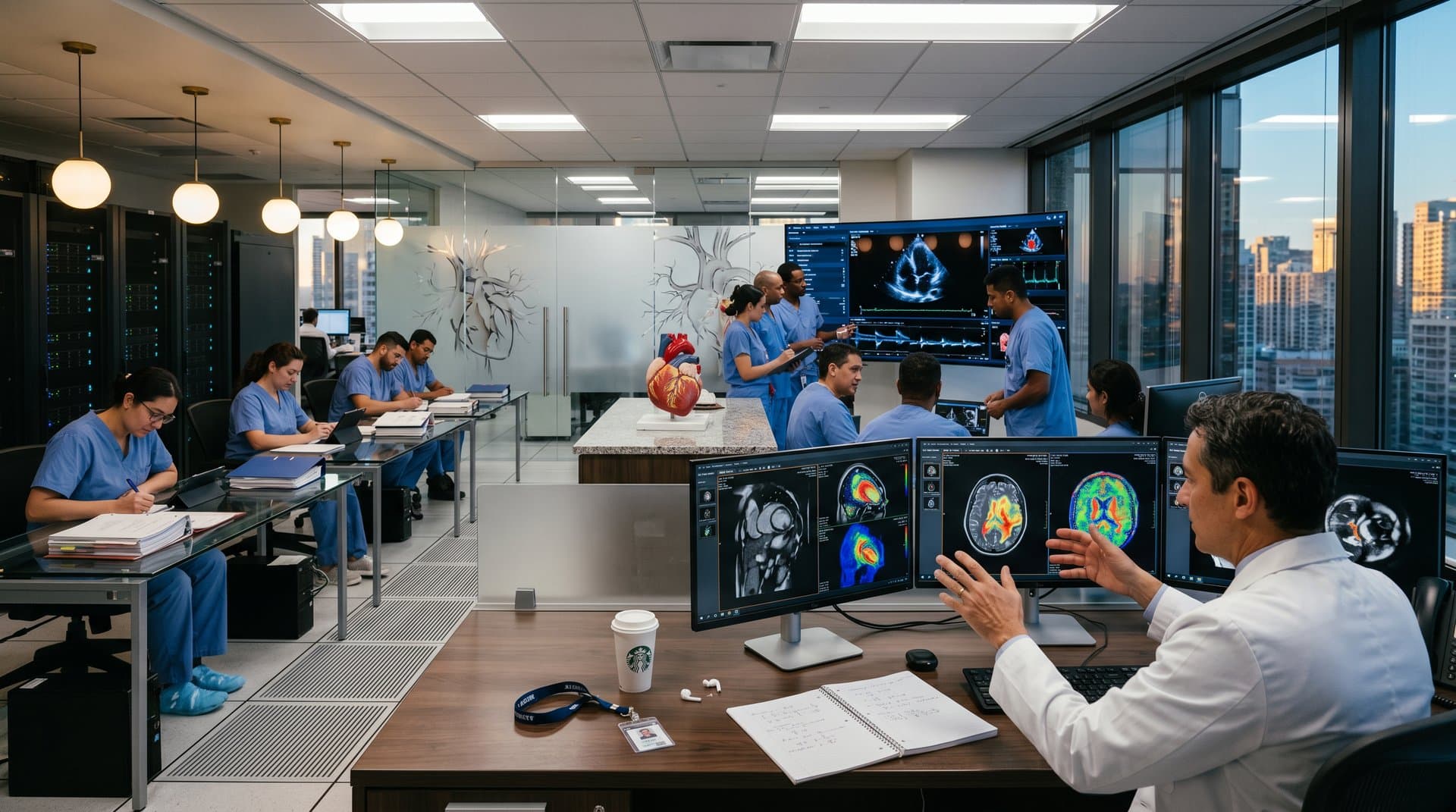 Sleek AI cardiology lab with multi-monitor 3D heart scans, AI heatmaps, echocardiogram screens, server racks, and lab elements evoking tech innovation.