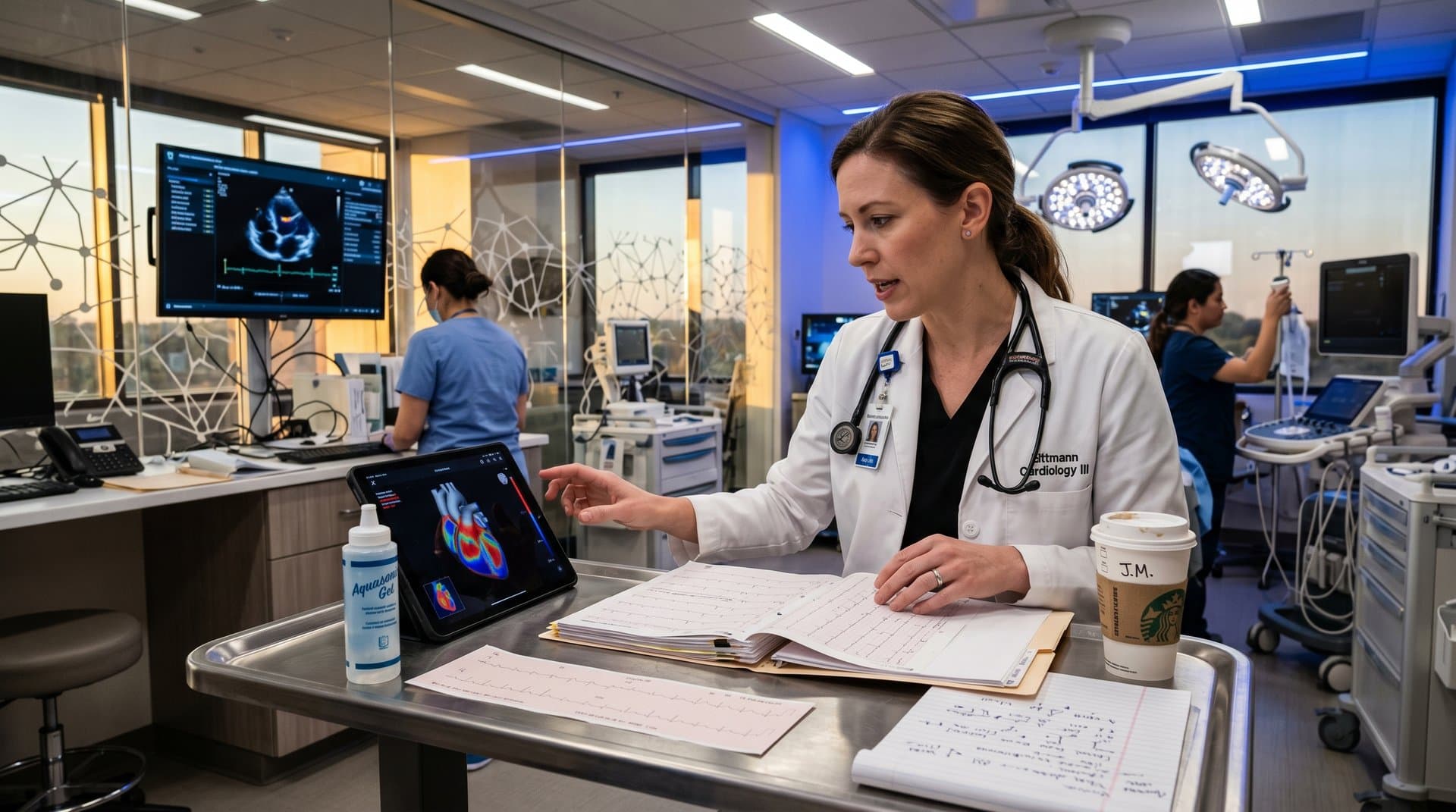 AI heatmaps overlay ECG and heart scans in a high-tech cardiology clinic, highlighting detected risks