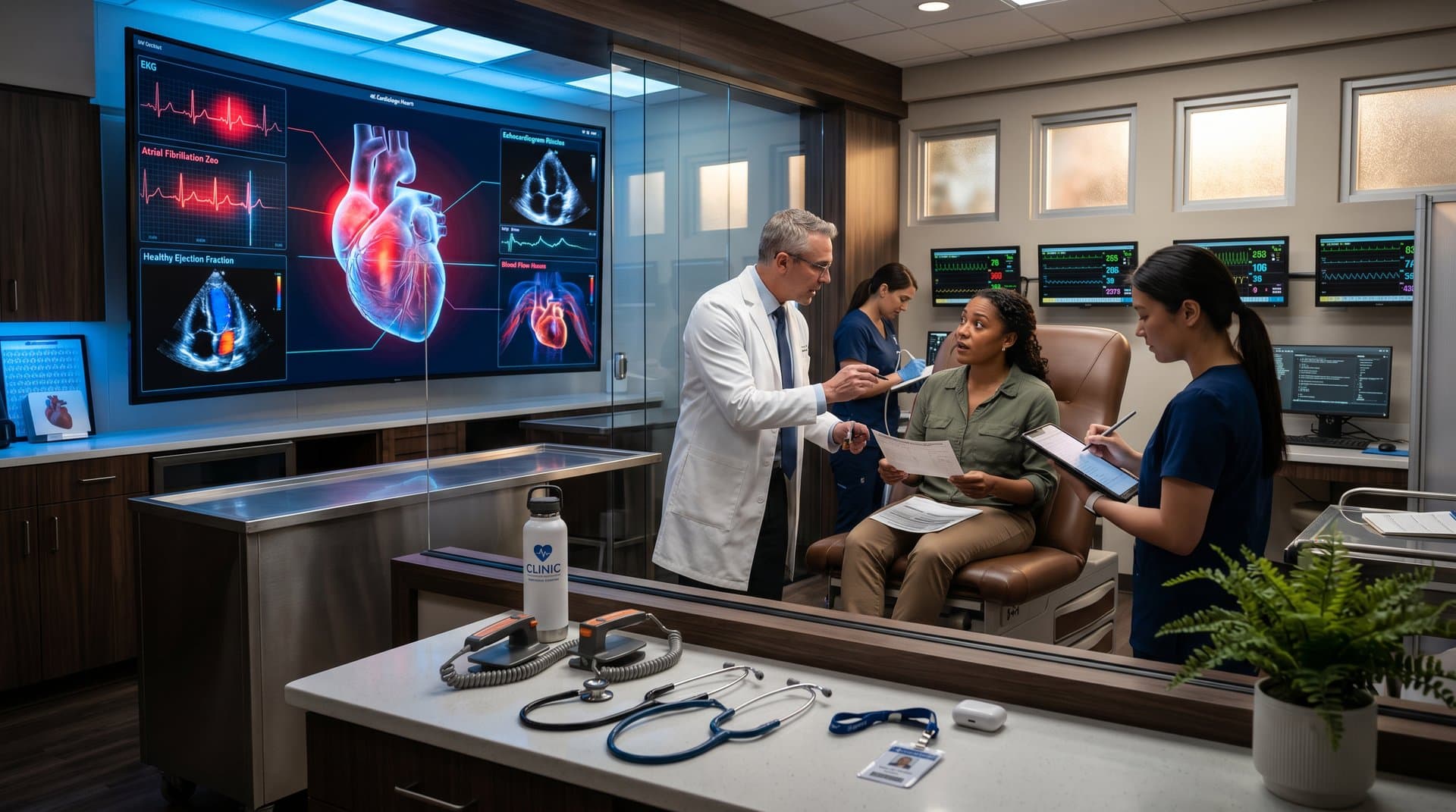 AI-processed 3D heart model on monitor in modern cardiology clinic, highlighting diagnostic innovations