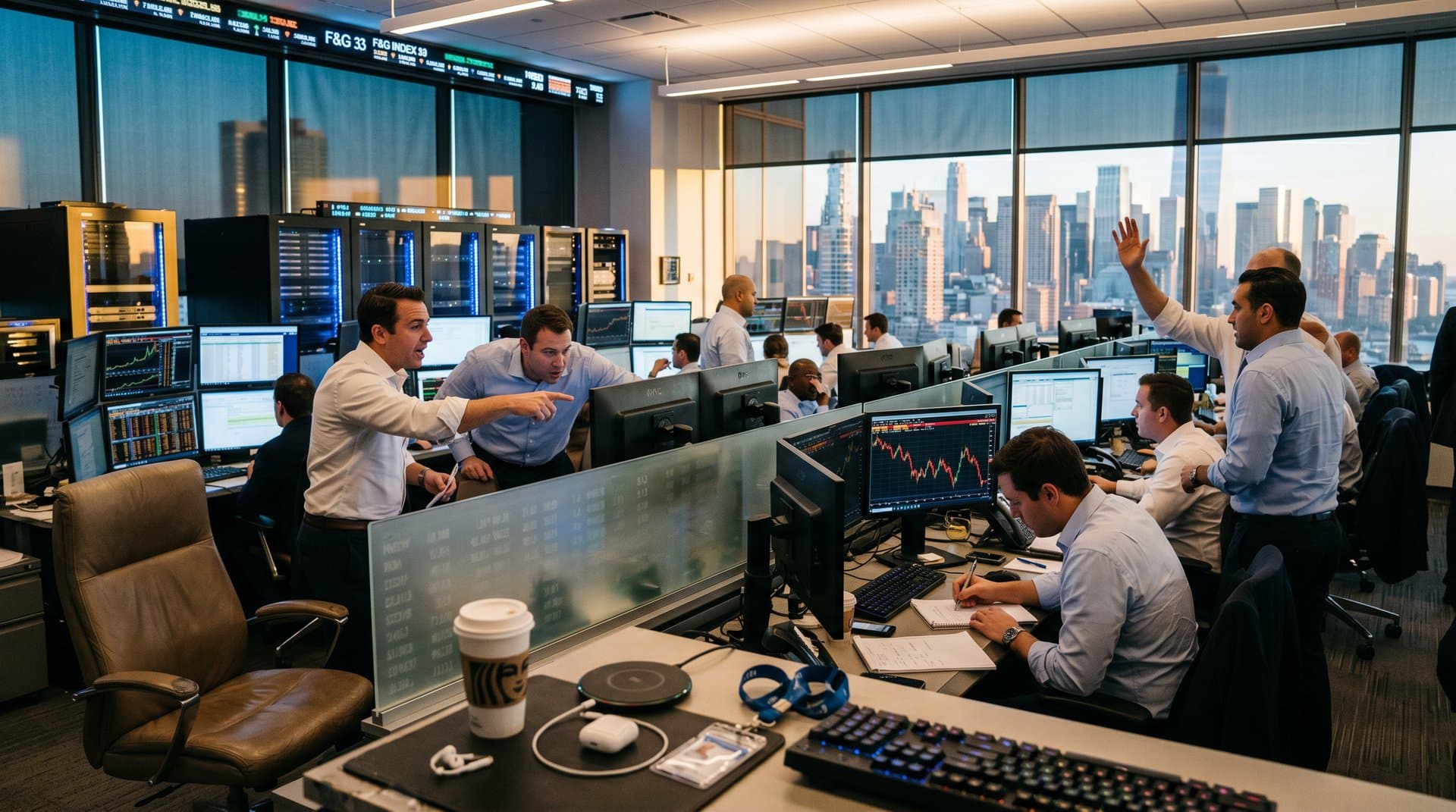 Empty Goldman Sachs trading desks with Bloomberg terminals displaying BTC at $77K charts, Starbucks cups, keyboards, and Fear & Greed Index 33 amid AI disruption