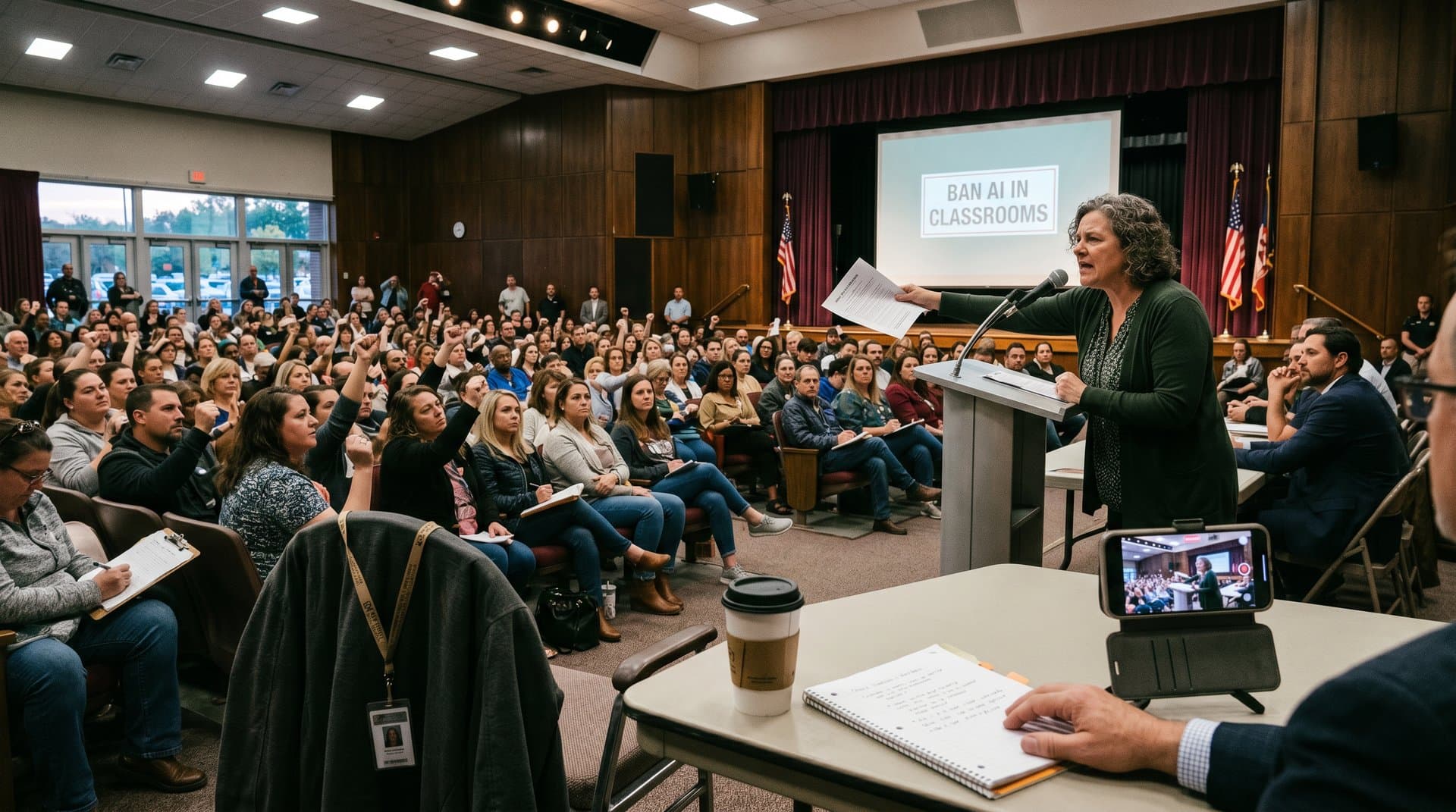 Rust Belt parents rally in school auditorium against AI in classrooms, tense meeting with petitions and banners