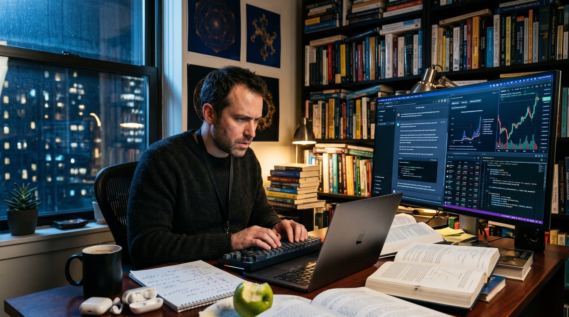 Laptop screen shows ChatGPT math proofs, primitive sets, Erdős equations, and finance charts in modern office