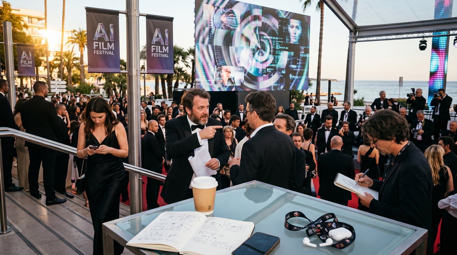 Holographic AI film display at Cannes Film Festival draws tense crowd of blurred filmmakers under evening lights