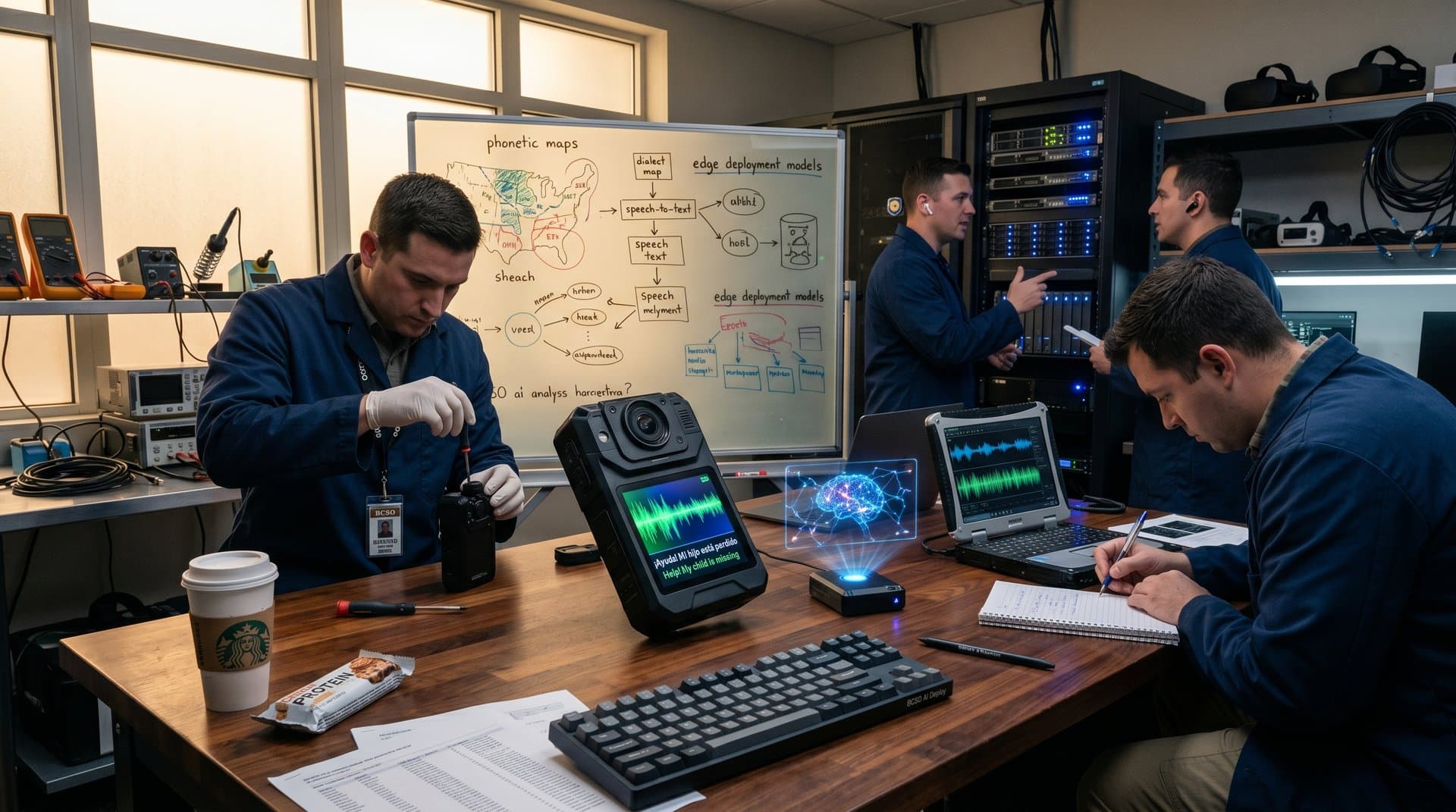 Body cam prototype displaying AI translation in modern tech lab with diagrams and servers