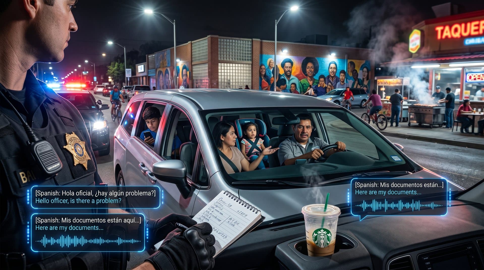 Deputy body cam displays AI Spanish-to-English translation during Bexar County nighttime stop with immigrant family