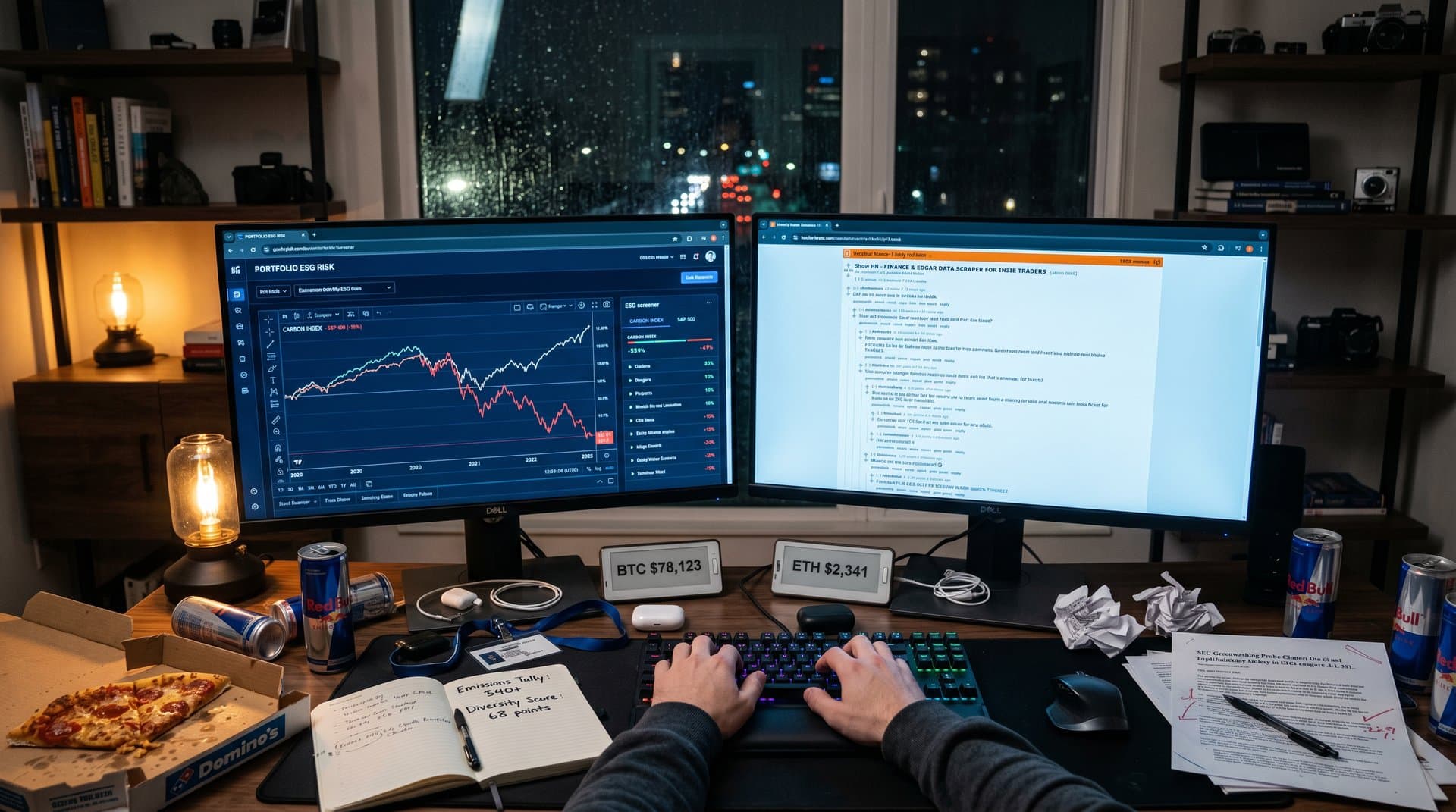 Indie hacker home office with ESG stock screener loss charts, Hacker News post, crypto tickers under night skyline