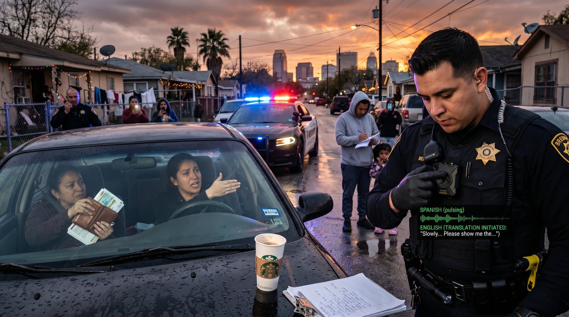 Deputy activates BCSO AI language translation on body cam during San Antonio traffic stop with subtitle overlays