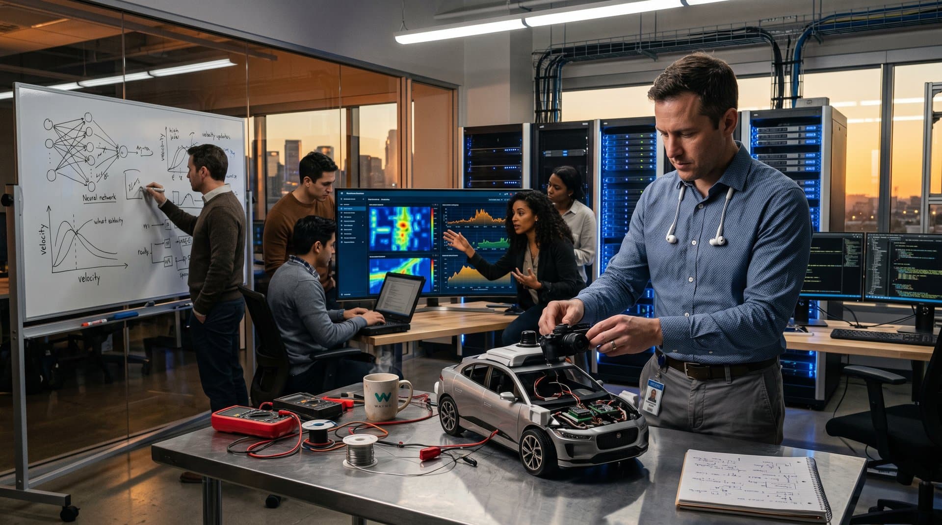 AI engineers in modern lab analyze dashcam data heatmaps with server racks and city skyline view.