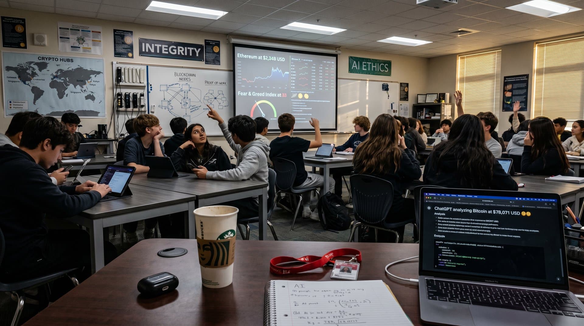 High school students in classroom using laptops for AI-driven crypto analysis on BTC and ETH, with projected charts and engaged group work.