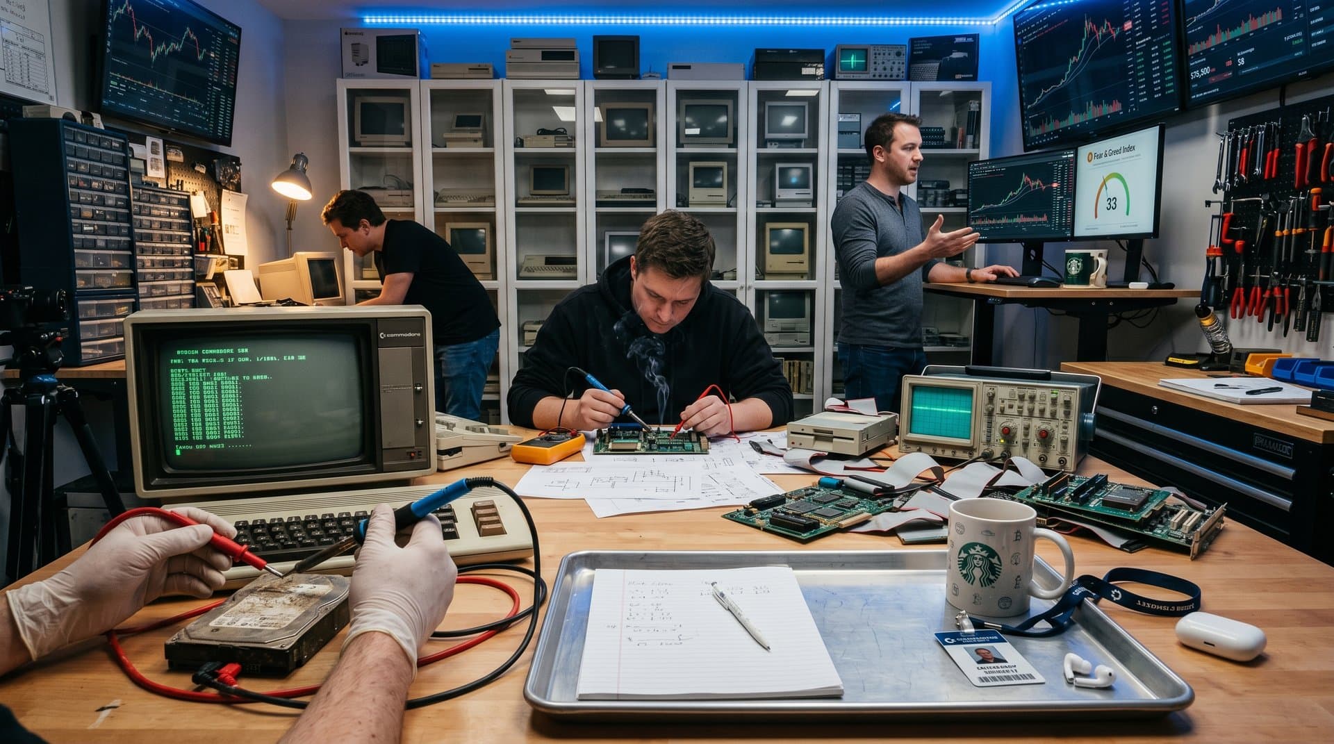 Workshop scene with hands connecting hard drive to Commodore 900 booting QNX, vintage tools, schematics, and laptop showing BTC chart