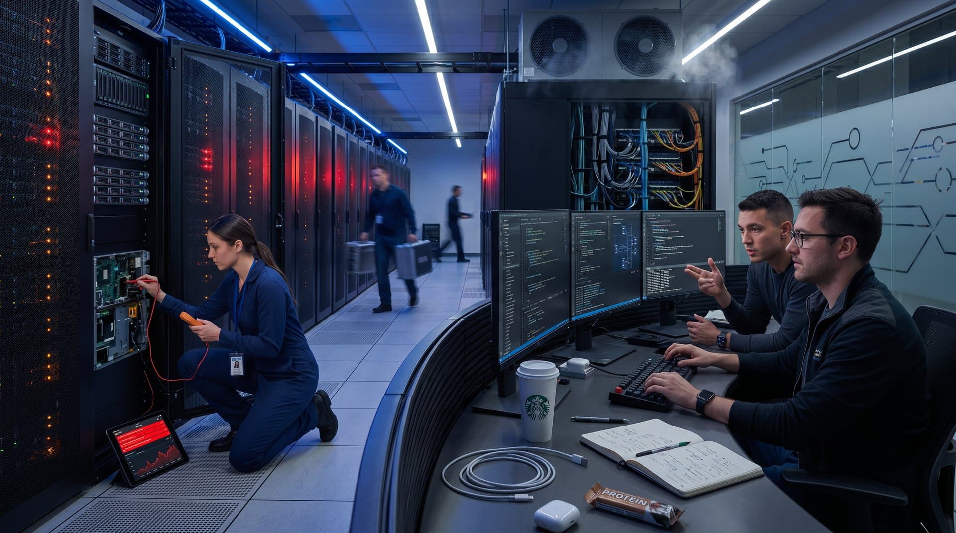 Sysadmin troubleshoots server rack errors with BTC charts and code on screens in tense data center