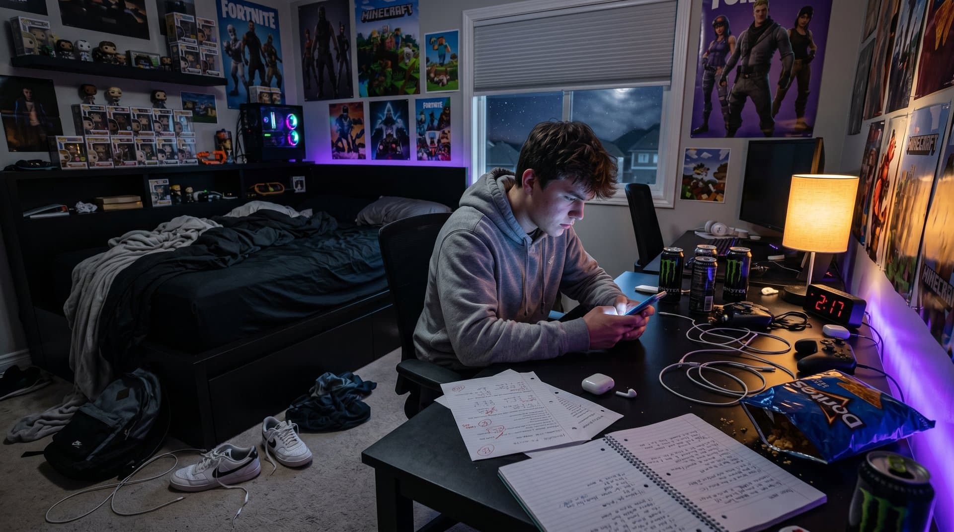 Glowing smartphone in dim bedroom shows AI mental health chatbot chat amid signs of teen isolation