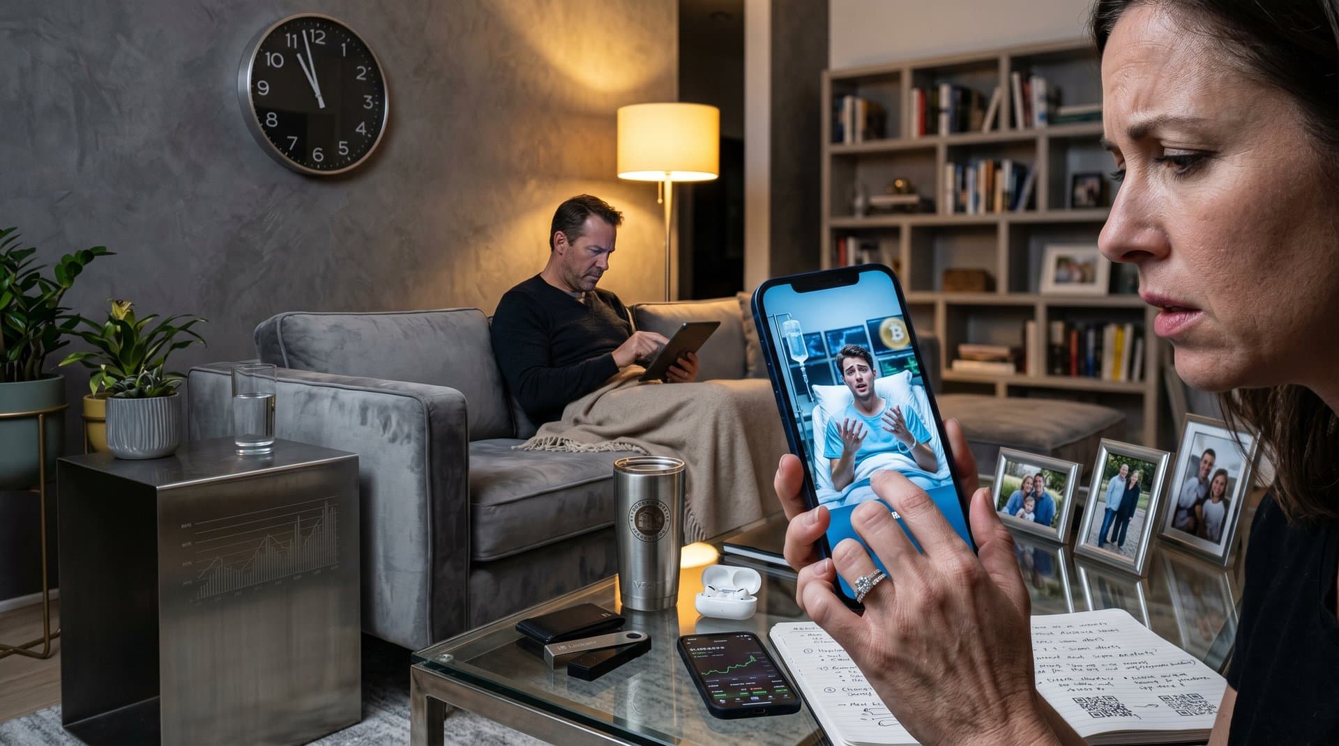 Smartphone screen shows Chinese AI deepfake scam video in tense family living room with crypto app nearby