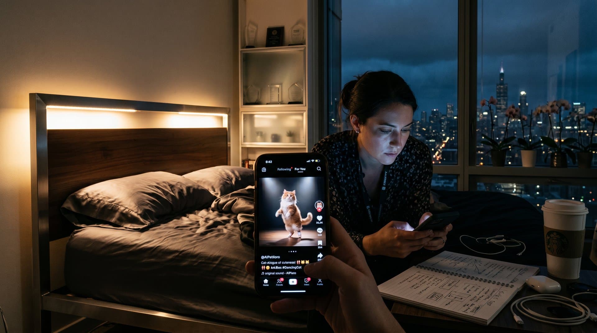 Silhouetted figure in bedroom shares AI cat ballet video from Shenzhen on glowing phone amid city skyline
