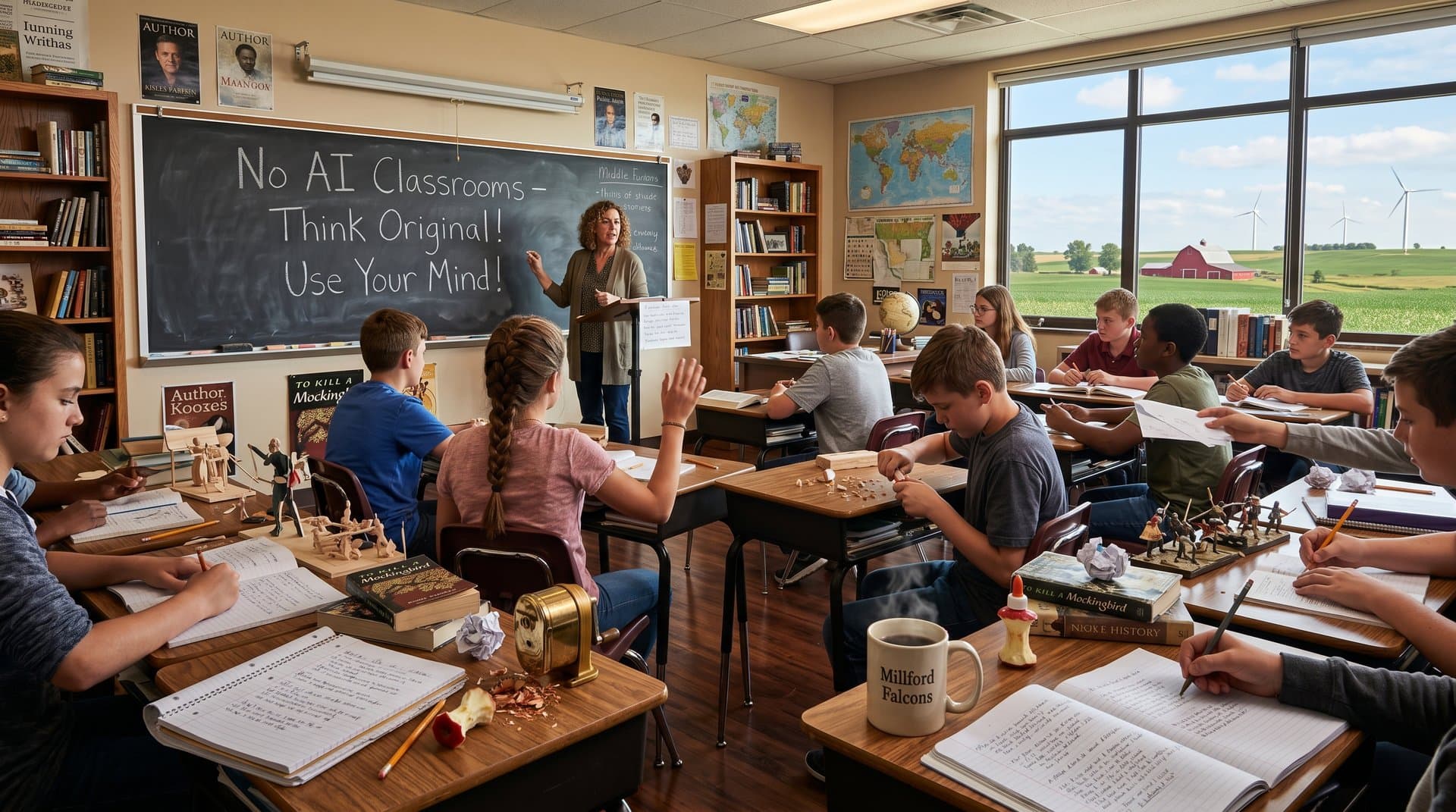 Teacher writes 'No AI' on chalkboard as students handwrite in cozy rural classroom