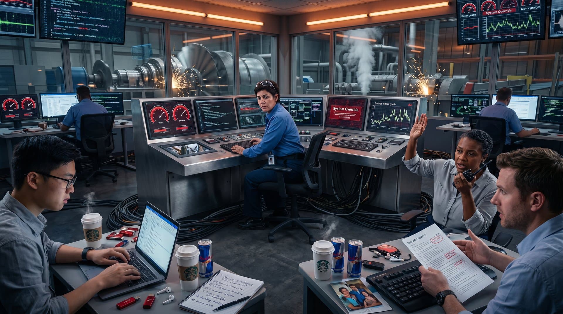 Operator and engineers battle Fast16 cyber sabotage in tense industrial control room with flickering screens and failing machinery