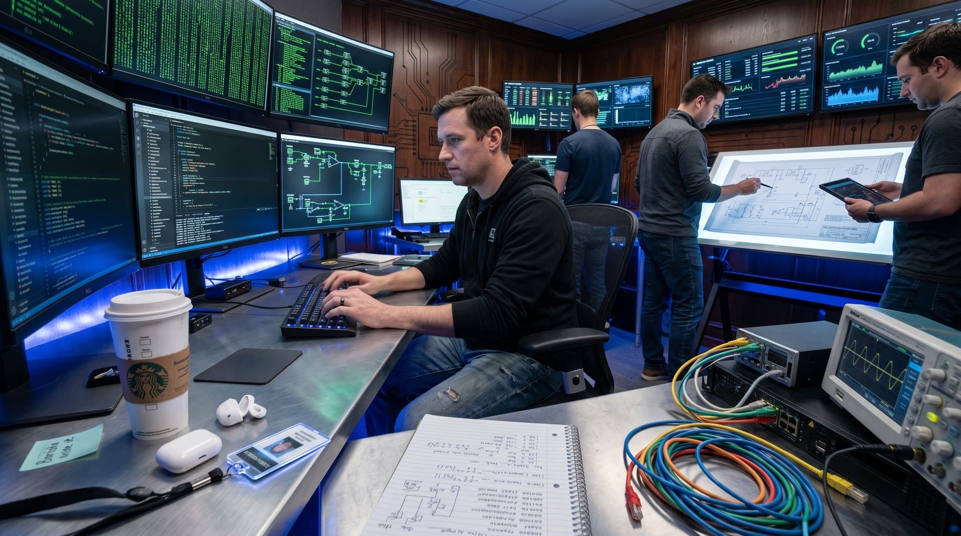 Engineer hunches over terminal in dimly lit basement amid code, blueprints, and cyber team collaboration