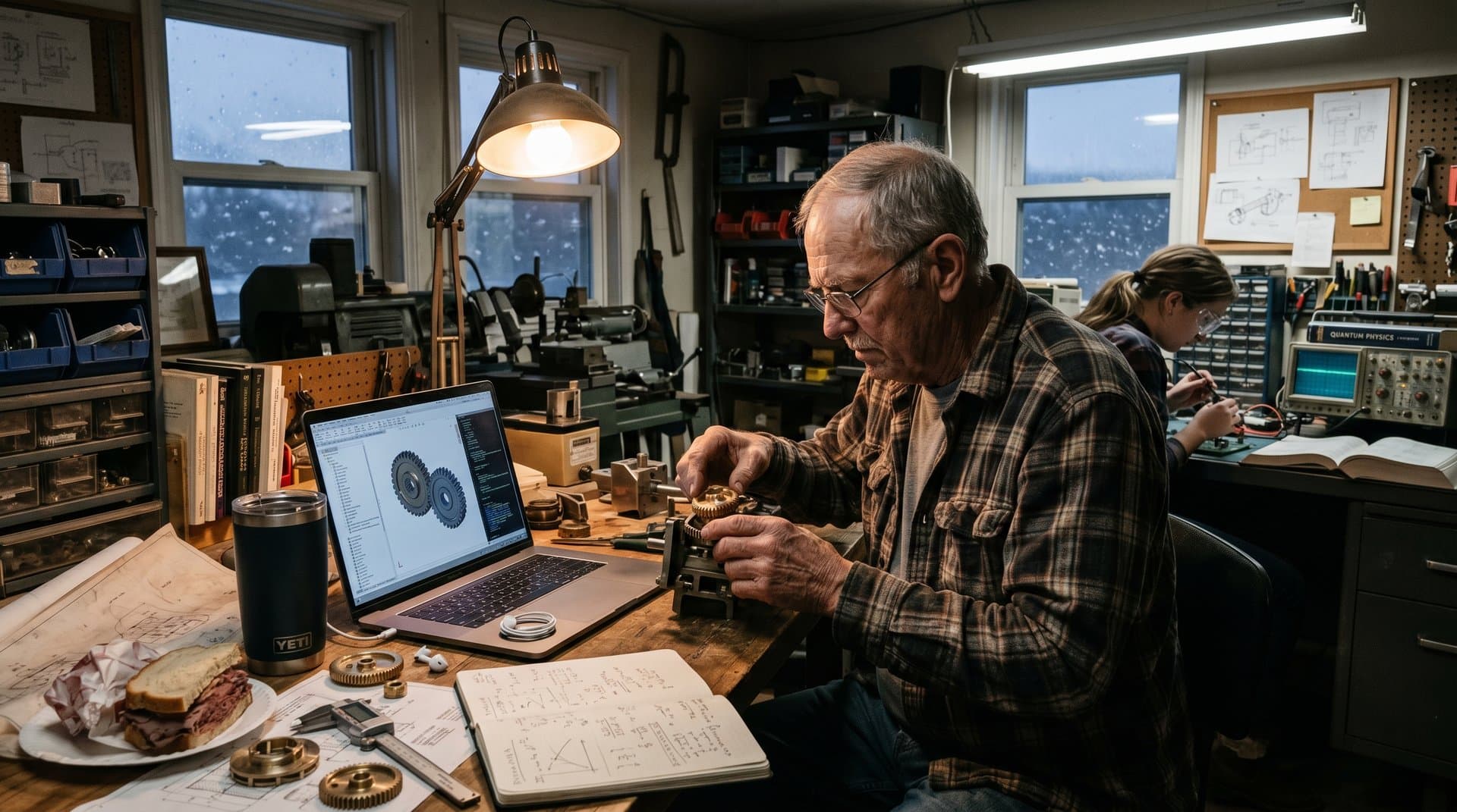 Weathered hands prompt AI on laptop amid dusty workshop tools, blueprints, and glowing gear simulations evoking human-AI symbiosis.