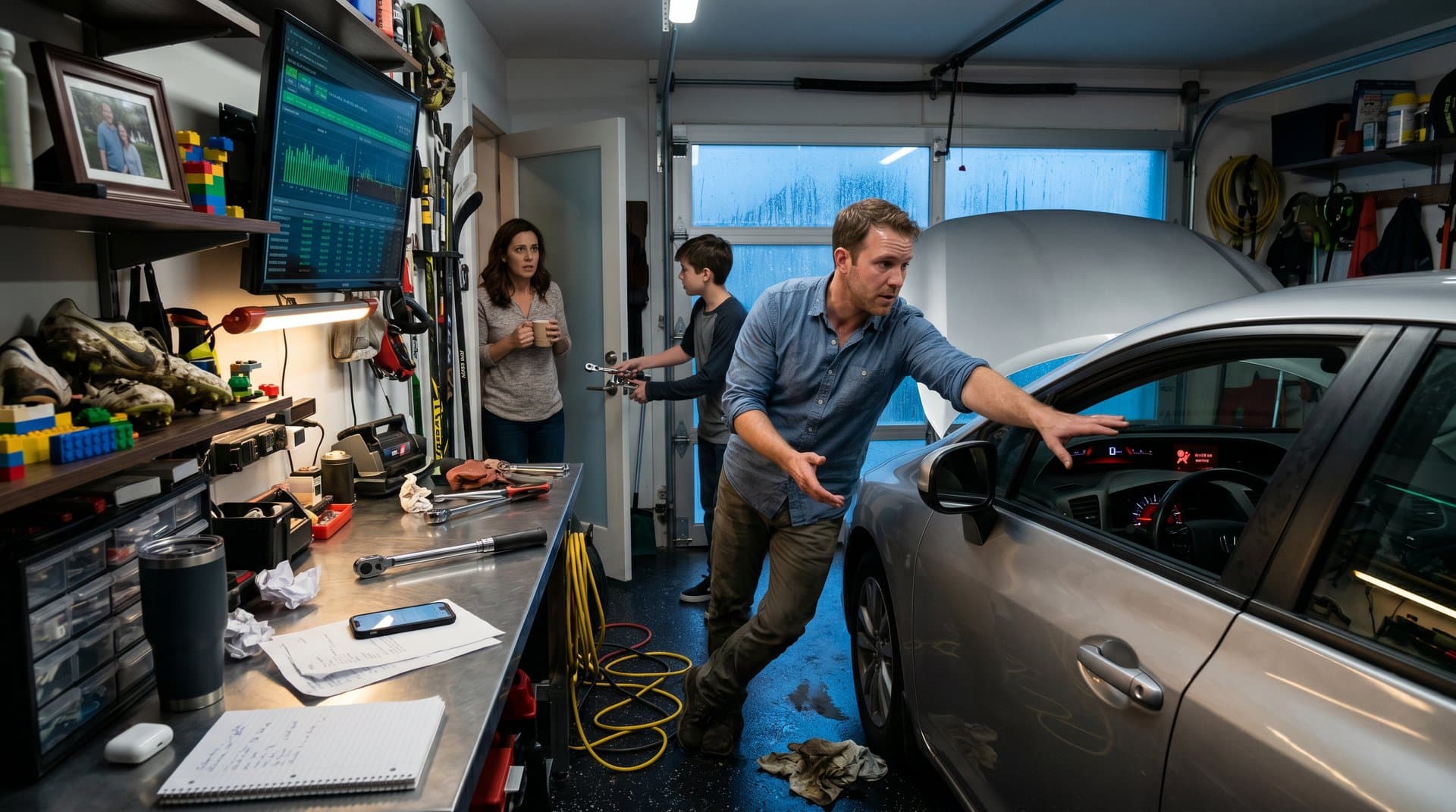 Father examines car airbag recall in garage with ChatGPT phone screen and BTC charts glowing nearby