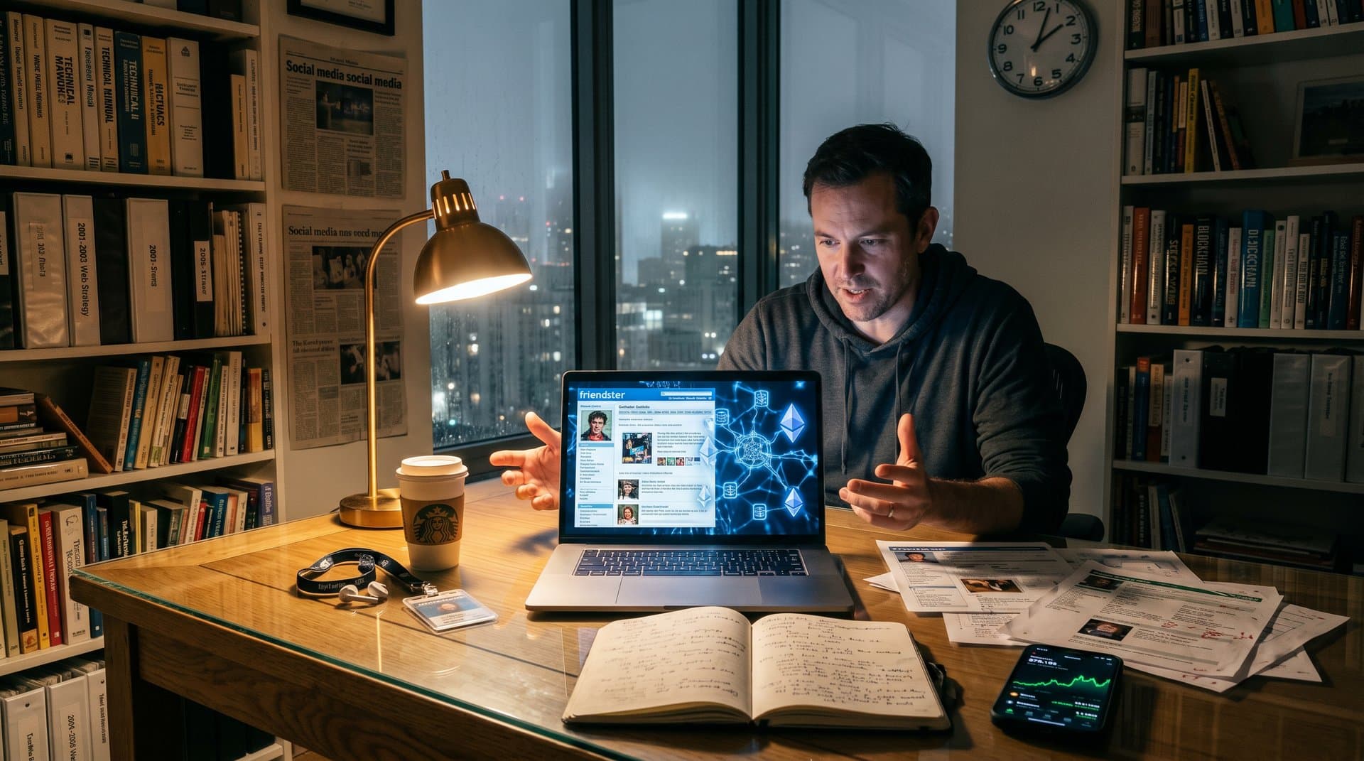 Silhouetted entrepreneur revives Friendster on vintage monitor with blockchain overlay in home office