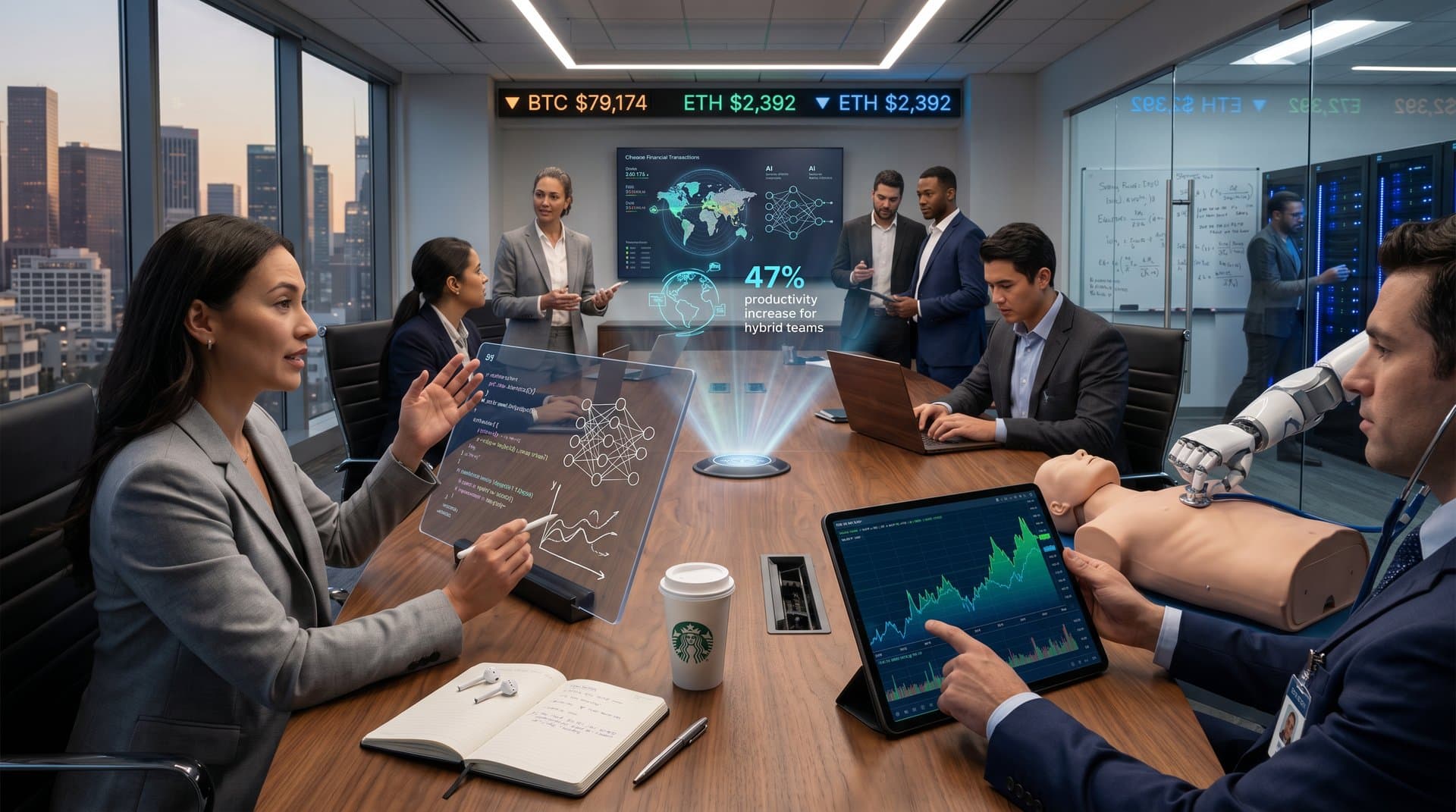 Tech lab with desks, AI screens, holographic displays, notebooks, and glowing servers symbolizing human-AI collaboration