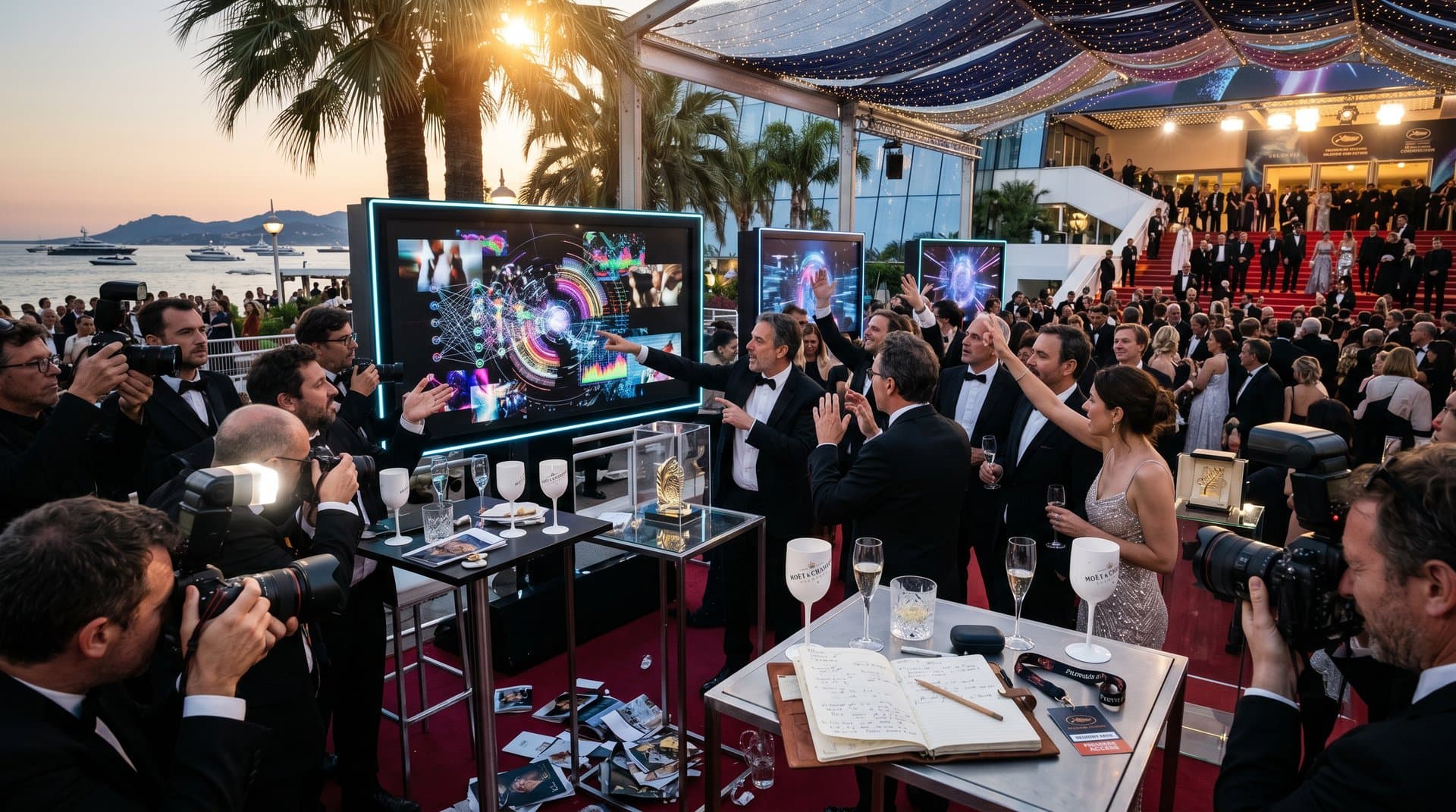 Dramatic Cannes red carpet scene with blurred filmmakers reacting to AI film screens amid festival lights