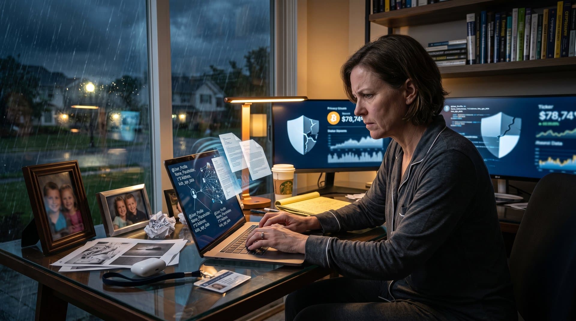 Suburban office laptop reveals AI doxxing anonymous posts into personal identities beside cracking crypto privacy shield