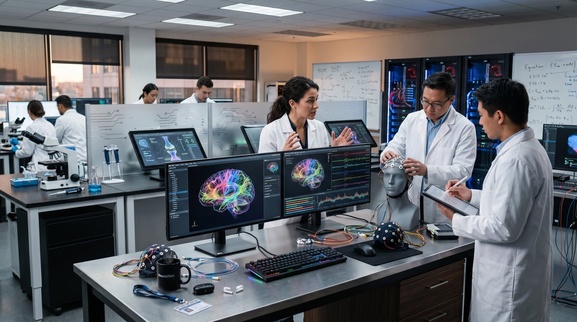 High-tech lab monitors display AI-driven 3D brain connectomes and neural networks amid modern neuroscience equipment