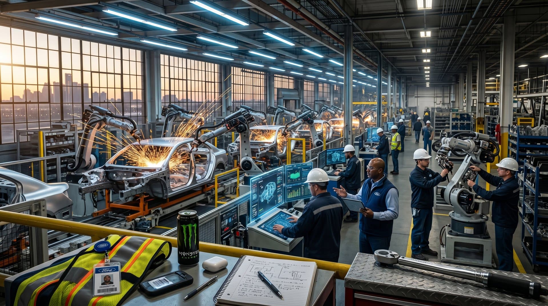 AI robots dominate empty Detroit assembly line in vast factory, sparks fly on car frames under industrial lights