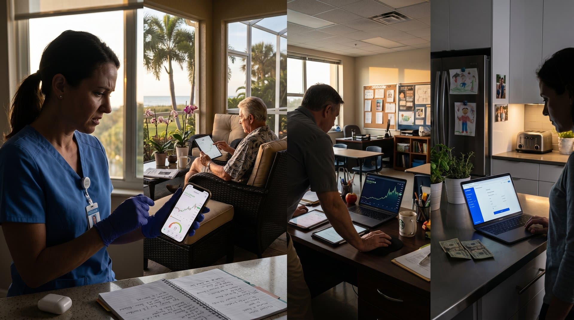 Silhouettes of everyday investors checking Ethereum price charts on phones and laptops in hospital, classroom, and porch settings amid market data