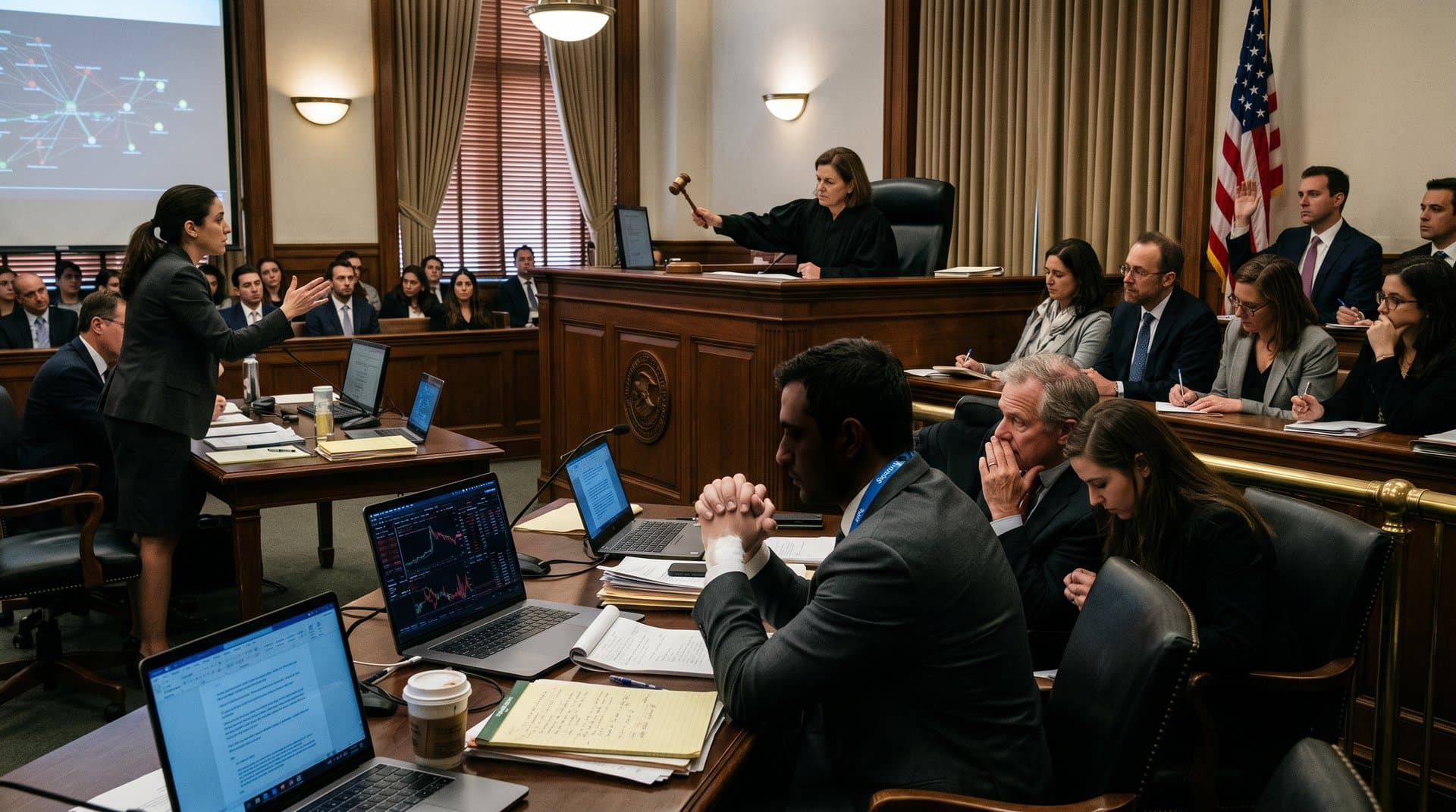 Dramatic courtroom scene of crypto money launderer sentencing with blockchain graphs and gavel strike