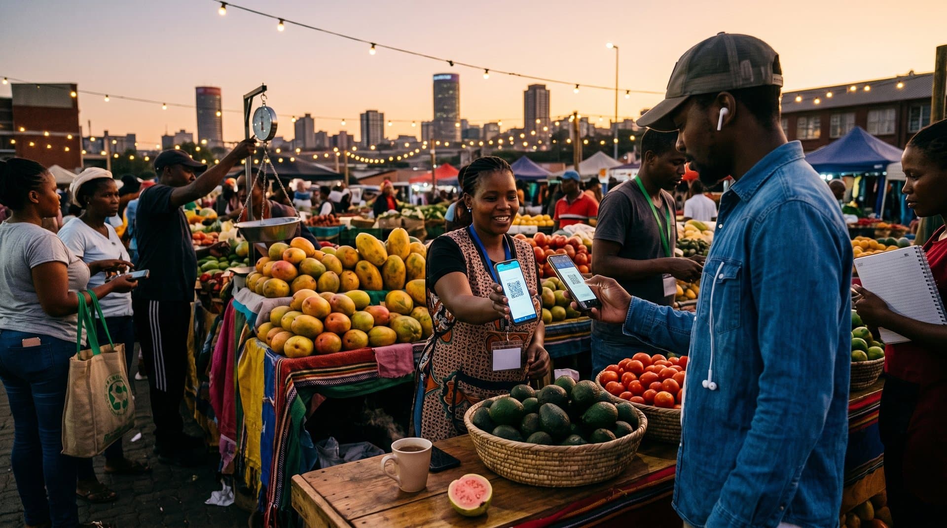 Street vendor displays QR code at Johannesburg market stall amid crypto payment adoption scene
