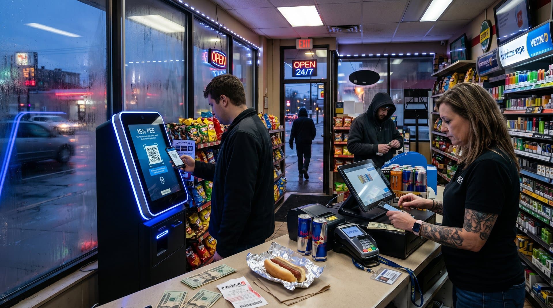 Crypto ATM kiosk in Minnesota convenience store amid scam warnings and urban night scene