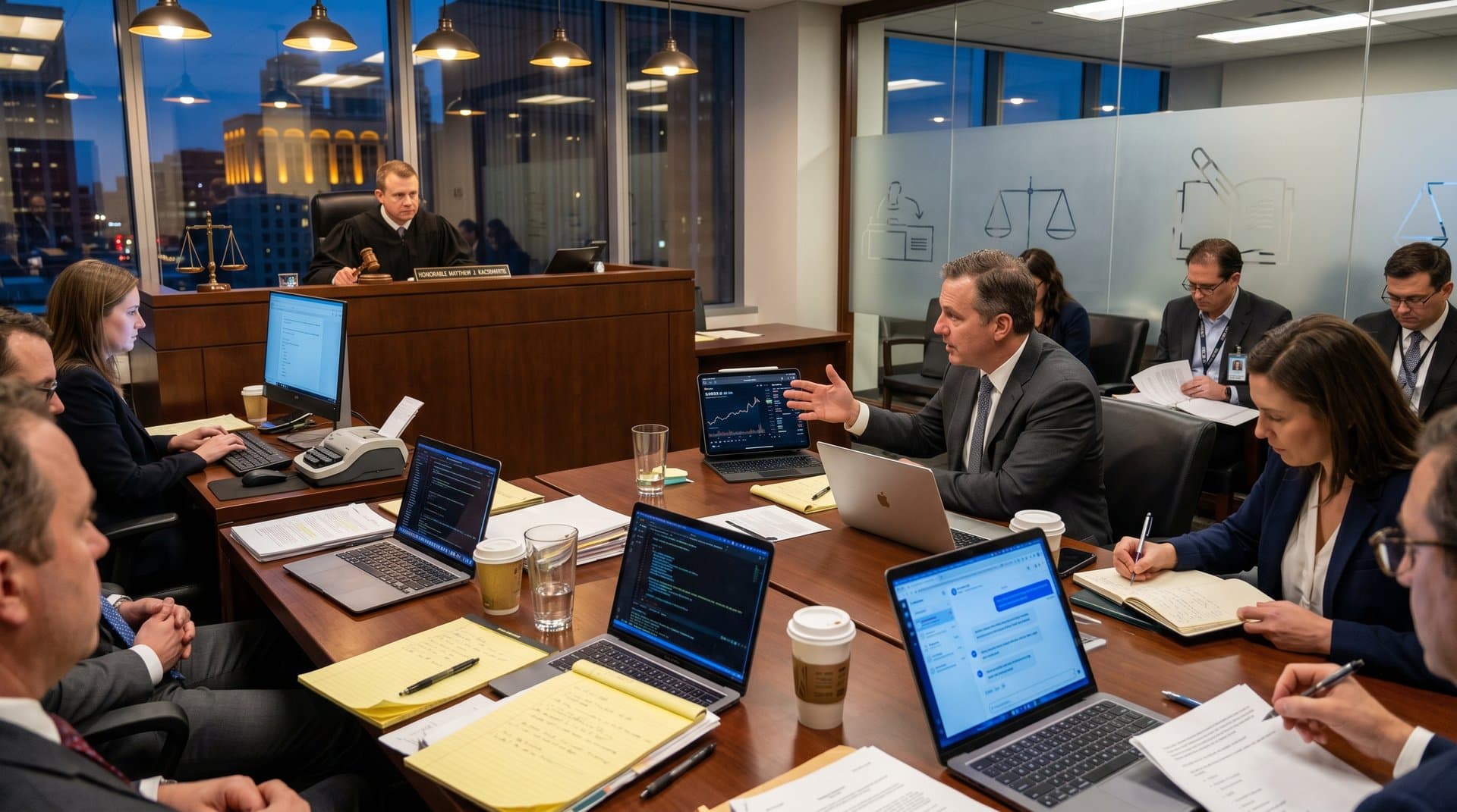 Deposition room scene with attorneys, judge's ruling on ChatGPT, crypto charts on screens, tense legal tech atmosphere