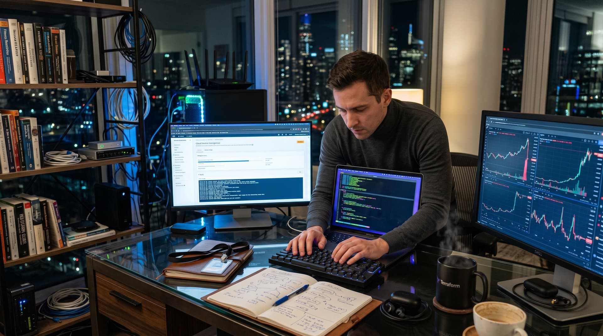 Home office scene with Ghostty terminal on laptop, GitHub migration to Forgejo, and crypto price charts