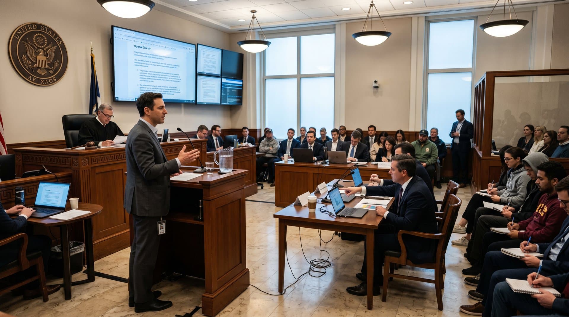 Intense federal courtroom scene with witness stand, lawyers at tables, projection screen displaying documents, judge's bench, and spectators under dramatic lighting