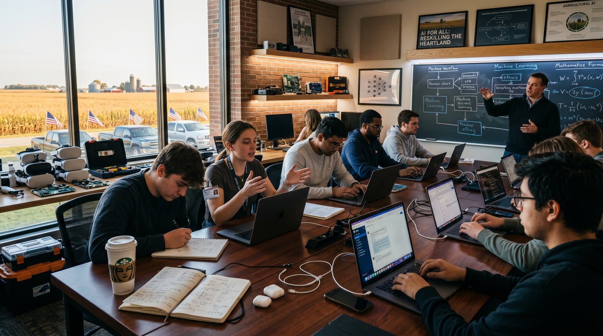 Rural Indiana lab with laptops showing AI training amid heartland views