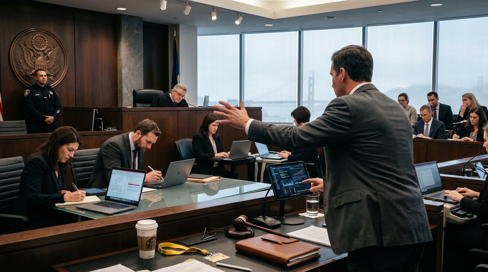 Tense courtroom silhouettes during Musk-Altman trial with lawyers, witness stand, and San Francisco skyline view