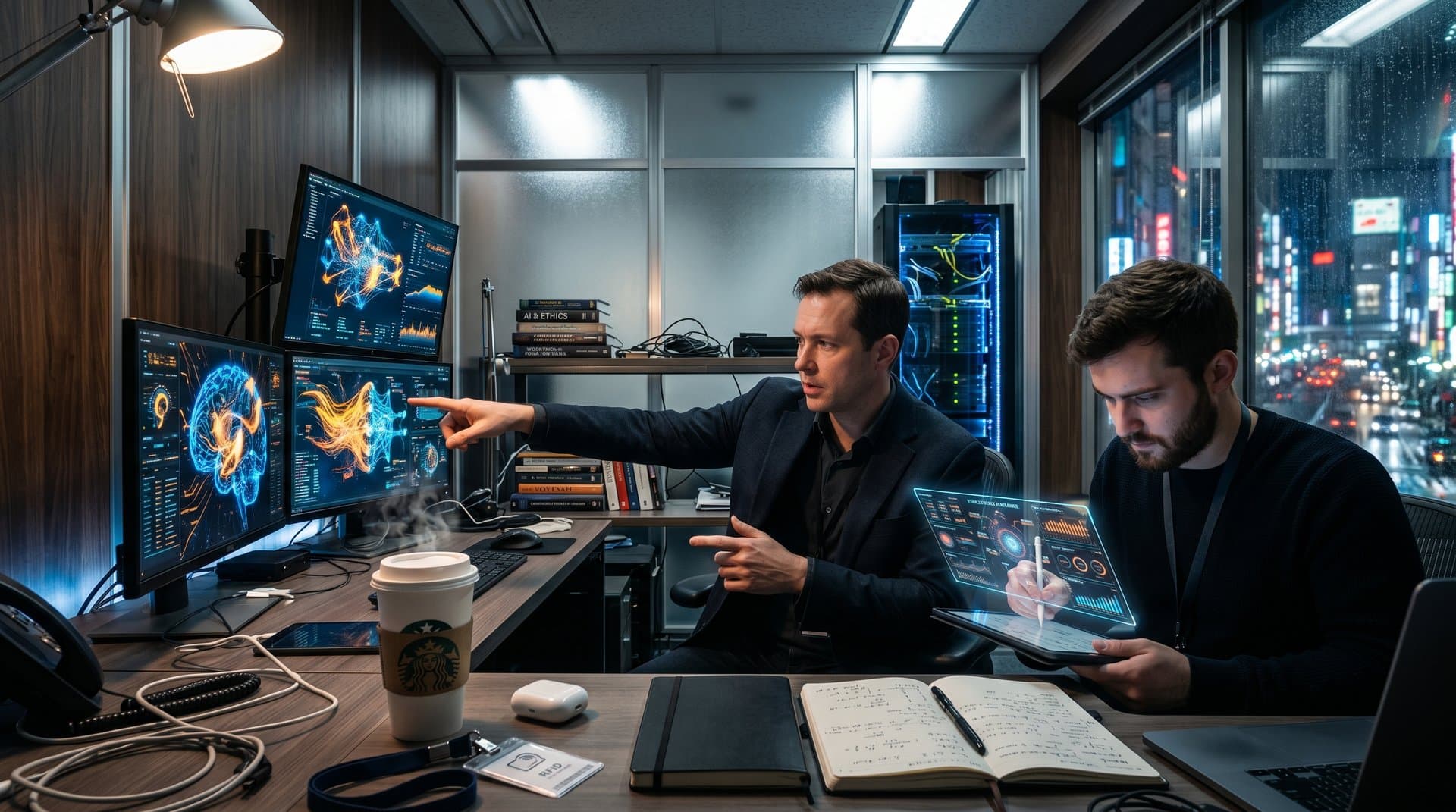 Futurist in dim study views AI neural networks on screens amid coffee mug and city skyline, capturing Phase Two tension