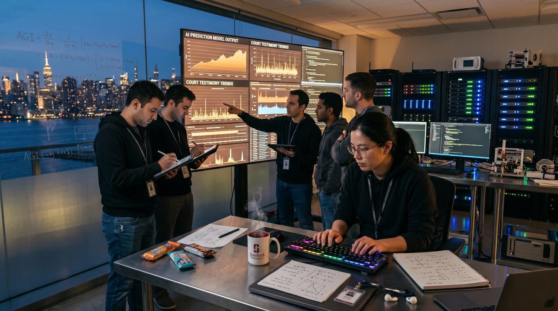 AI lab team watches courtroom drama on video wall amid cutting-edge tech setups and cityscape view