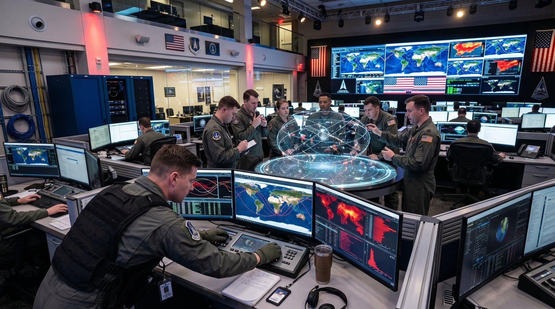 Space Force airmen monitor AI displays in high-tech command center with satellite maps, threat alerts, team collaboration